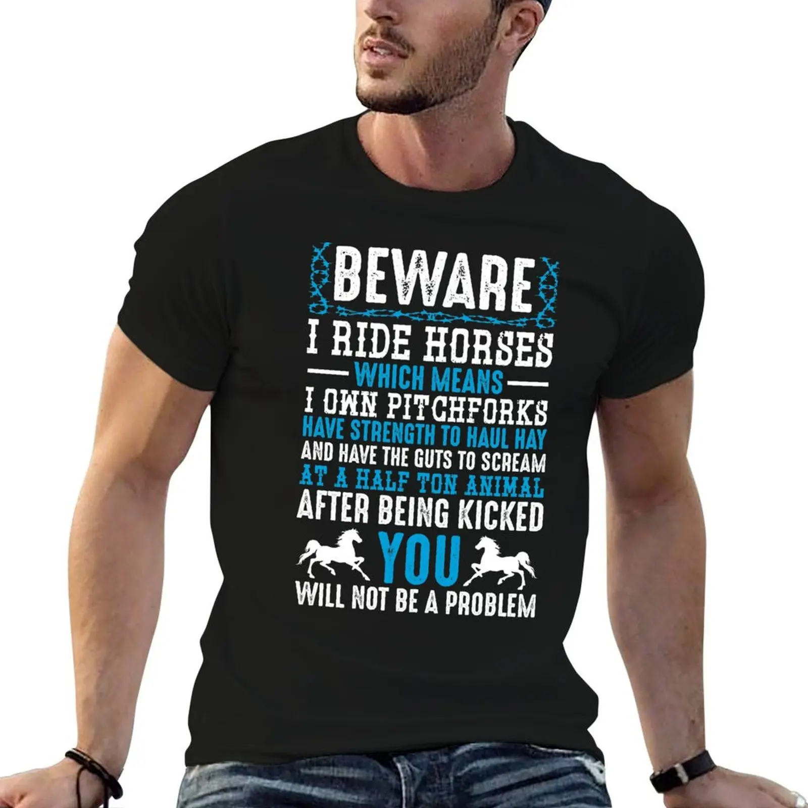 Beware I Ride Horses Funny Horse Lover Quotes Gift T-Shirt Simple Line Art Print Tee