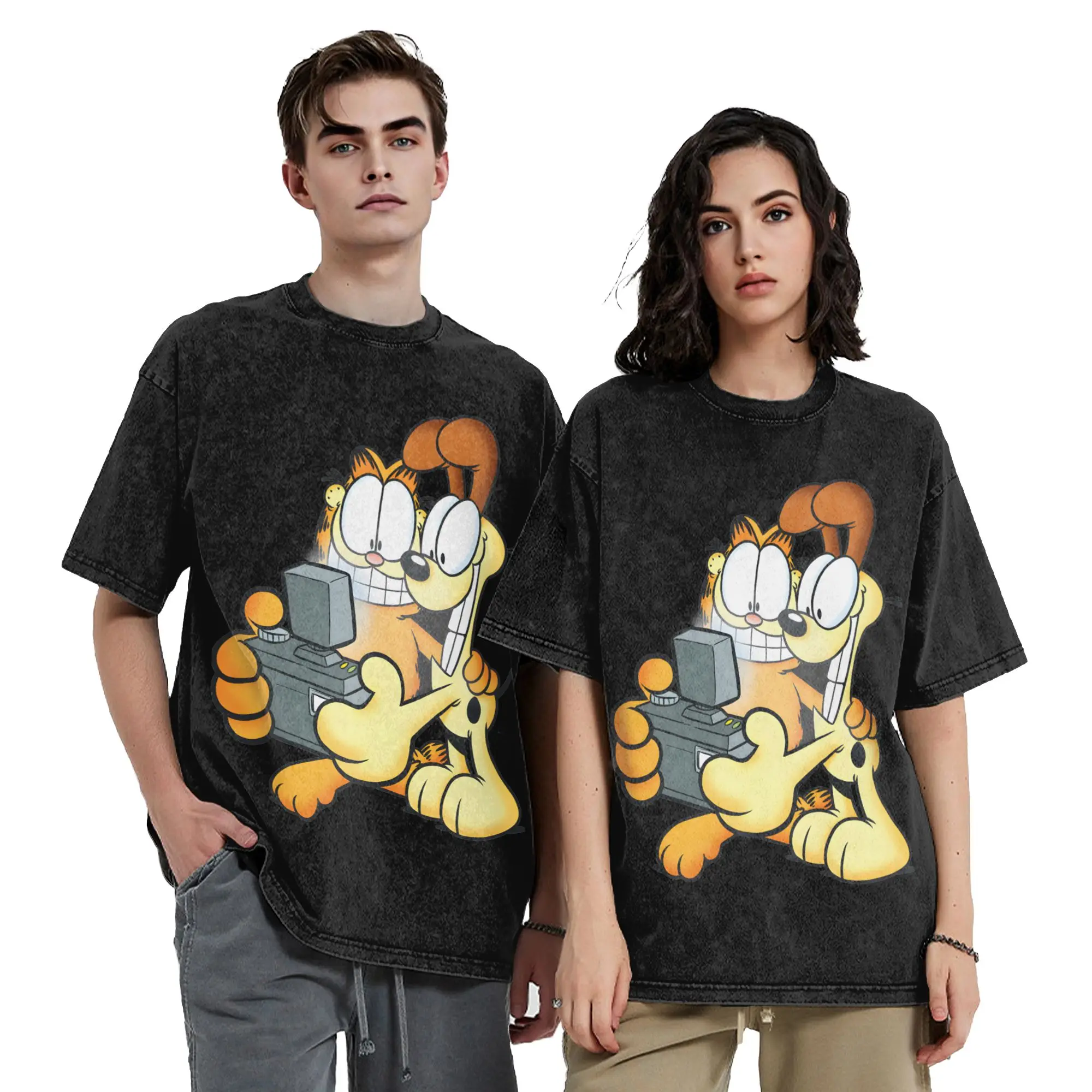 Cartoon G-Garfields And Odie Washed T-Shirts Streetwear Casual T-Shirts Tees Tops Herren Damen Kurzarm Oversize Graphic