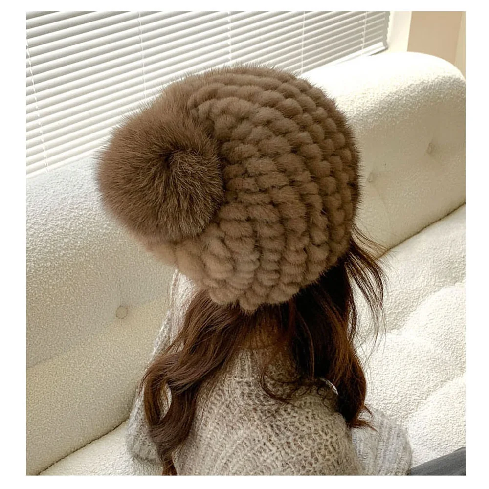 Winter Women Natural Mink Fur Hat Hand Knitted Warm 100% Genuine Mink Fur Cap Russia Lady Real Mink Fur And Fox Fur Pompoms Hats