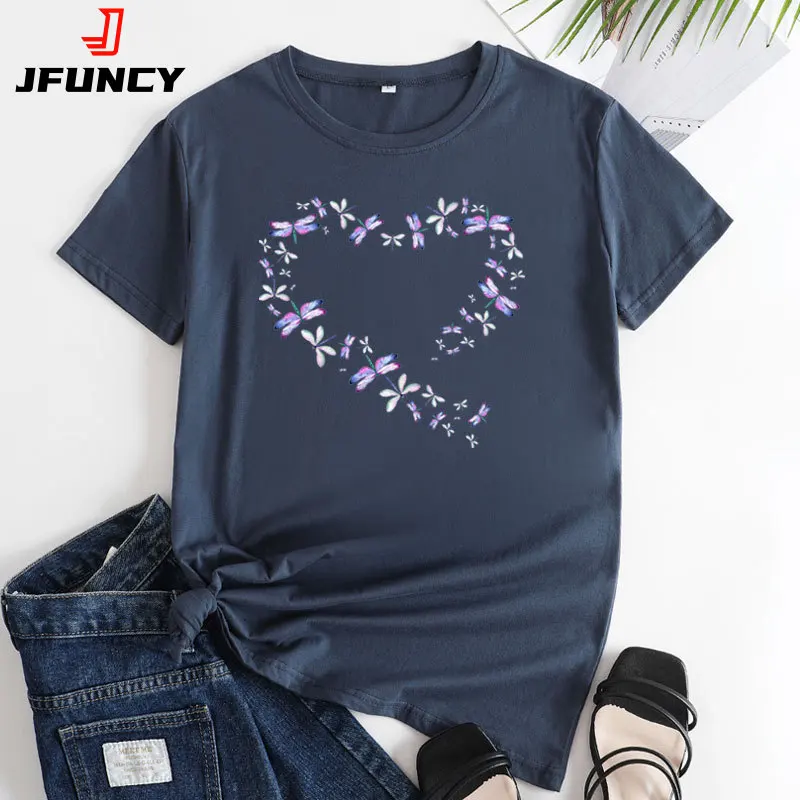 JFUNCY Summer Women's Tops Short Sleeve T-shirts Women Tees Heart Graphic T Shirts 2024 New Woman Cotton Tshirt Female Clothing