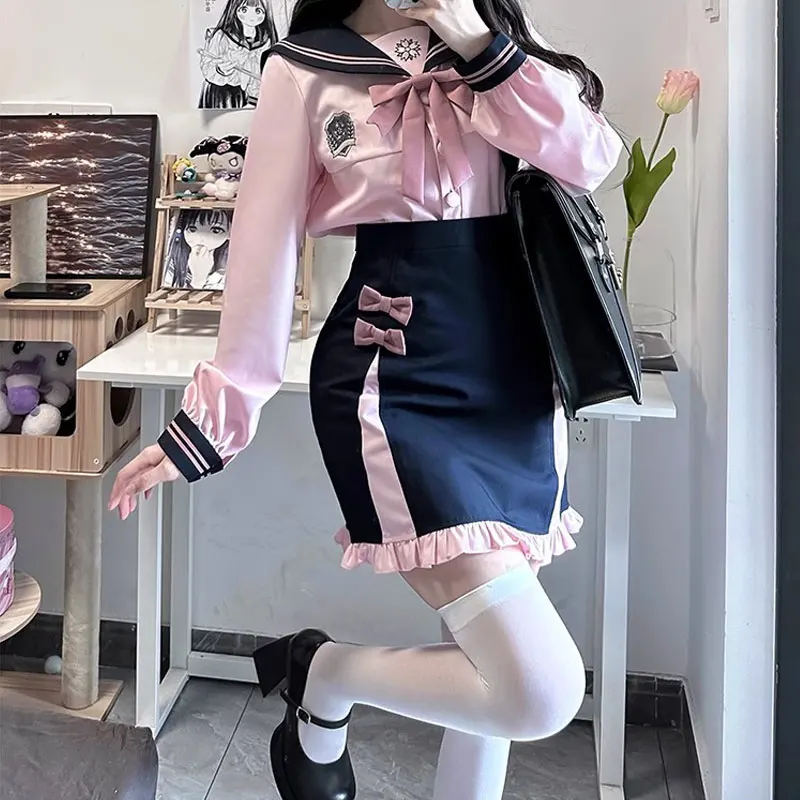 Korean School Pink Jk Uniform Skirt Girl Seifuku Long Sleeve Japanese School Clothes for High School Student Sailor Suit Women