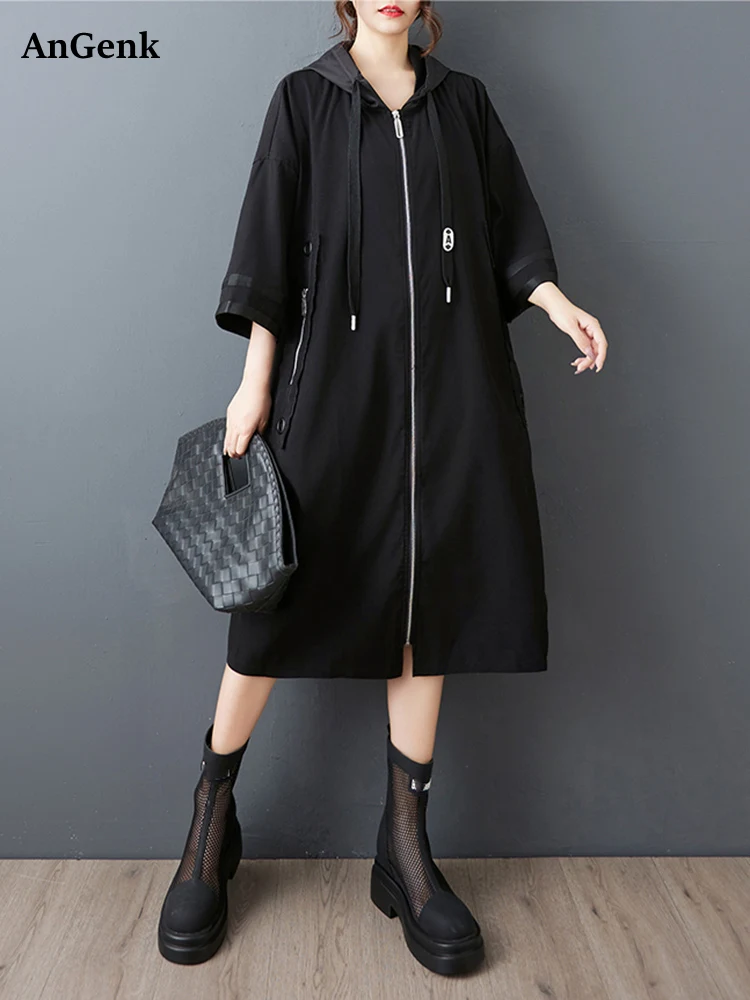 

Oversized Hooded Trench Coat For Women Zipper Patchwork Pocket Casual Loose Black Vintage Outerwear Cardigan Spring Autumn 2025
