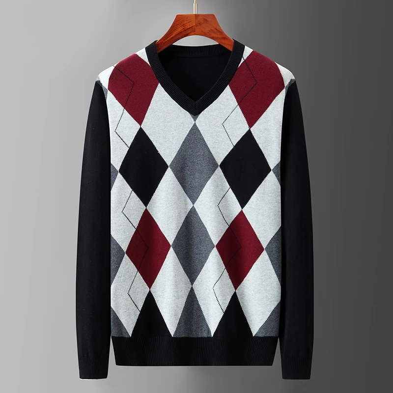 Argyle Plaid Pull Sweater Male Thin Clothing Fashion Christmas Knitted Pullovers Men Sweater Autumn Spring Korea Style Tops