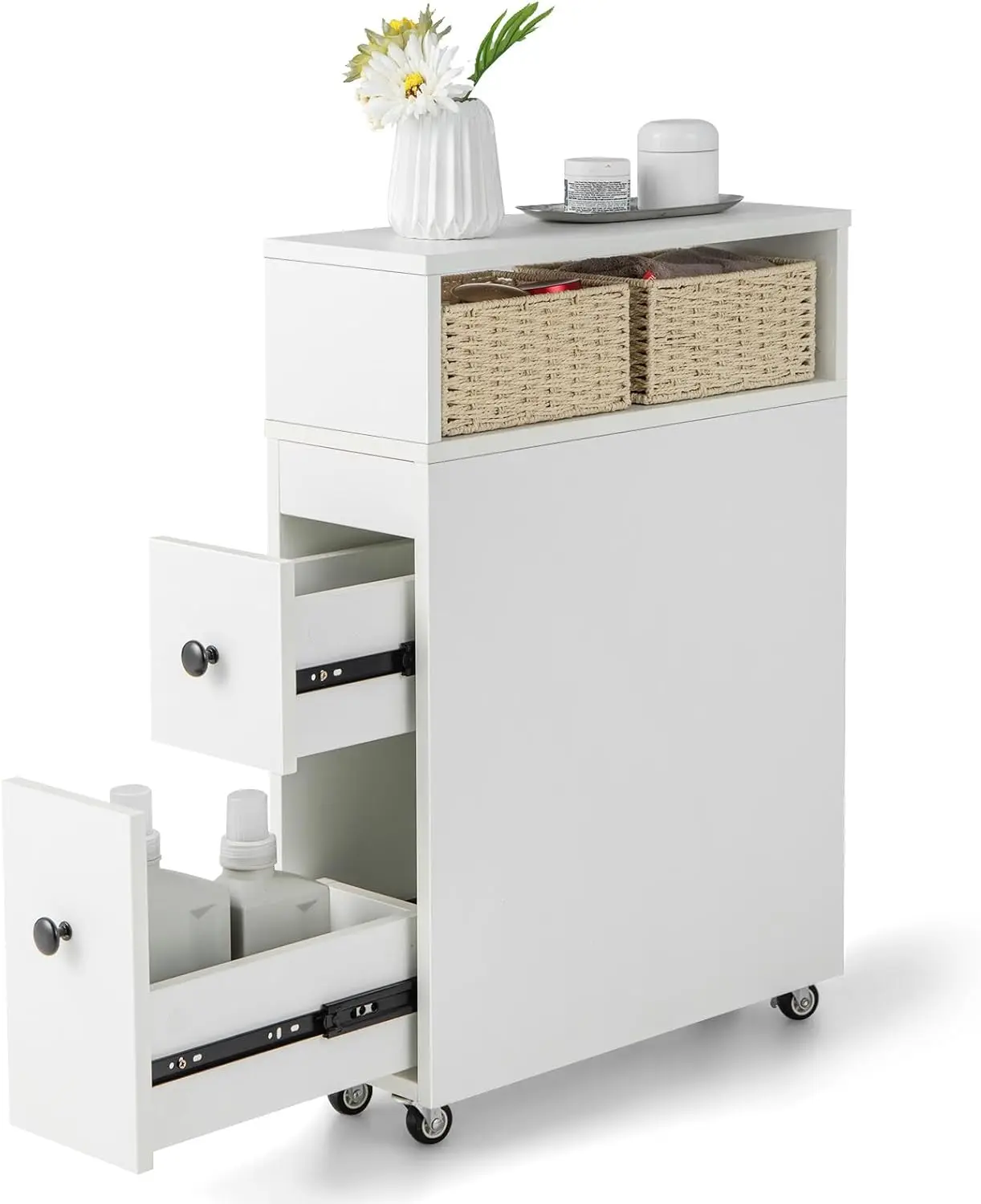 

Slim Bathroom Storage Cabinet, Movable Narrow Toilet Side Cabinet w/2 Slide Out Drawers, 2 Rattan Baskets & Shelves, To