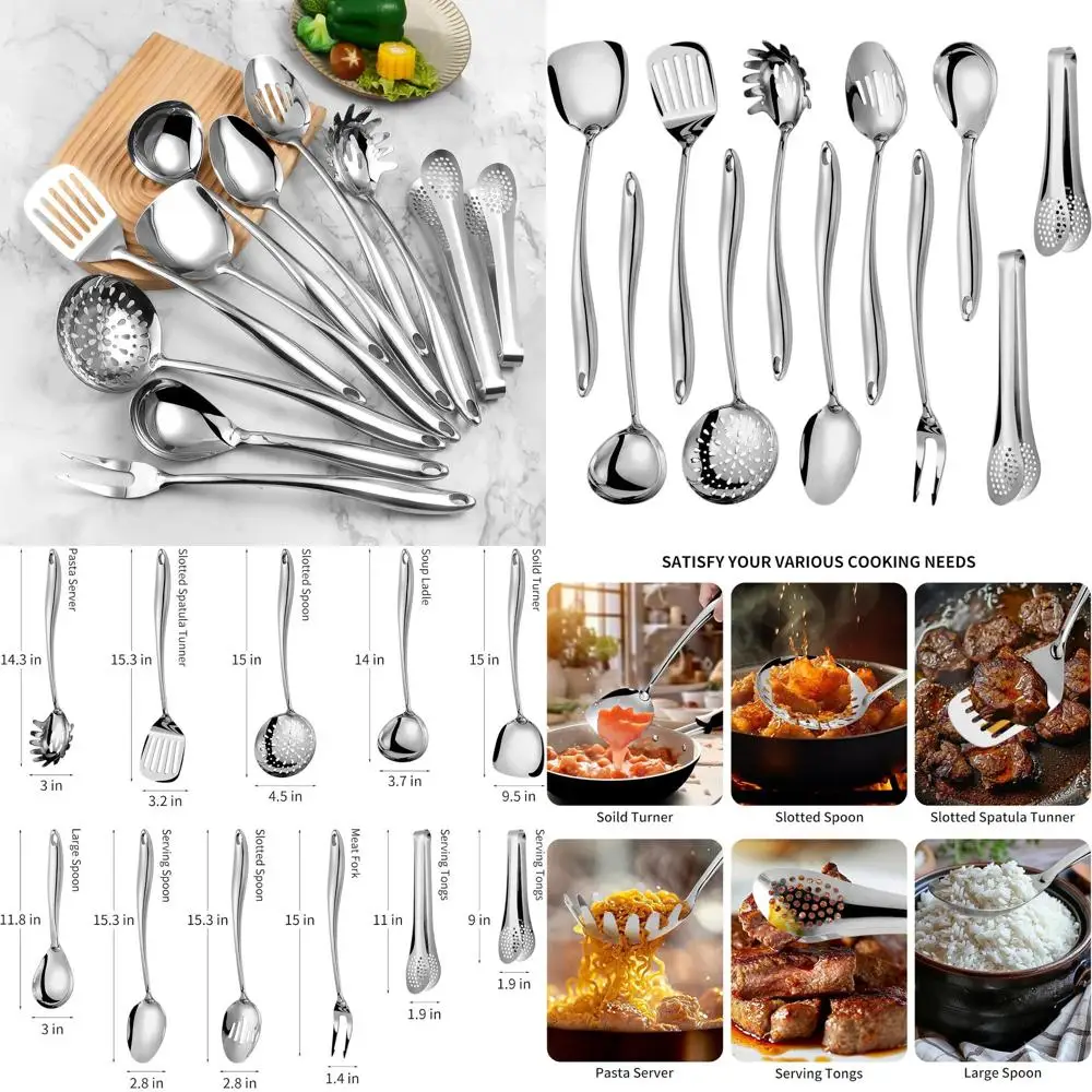 

Набор кухонных инструментов из нержавеющей стали из 11 предметов: лопатка, ложка, ковш, скиммер, токарный станок, сервер для макарон, щипцы (зеркальная отделка, посудомоечная машина