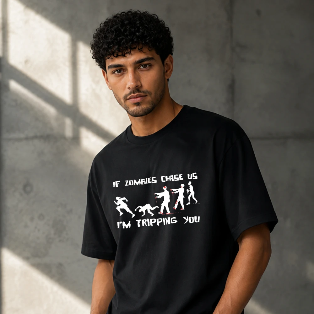 If Zombies Chase Us I'm Tripping You Funny Zombie Silhouette Graphic Men Modal T‑Shirt Print Soft Lightweight Summer Casual Tops