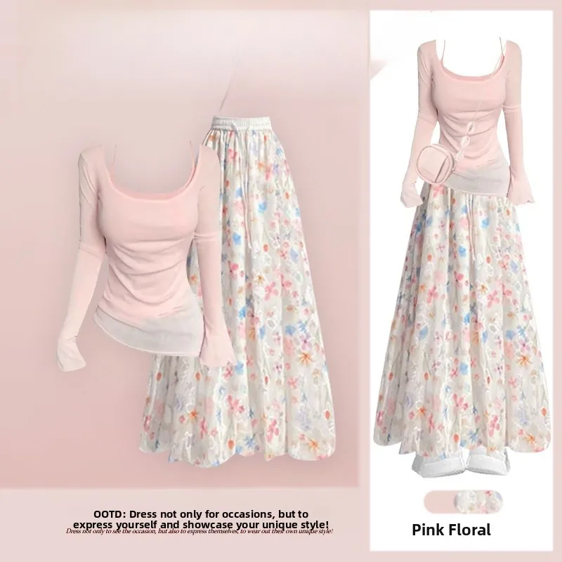 

Spring Pure Desire Sle Long Sve Slim Fit Top High Waist Floral f Skirt Two Piece Set Casual Faion Women's Ensemble