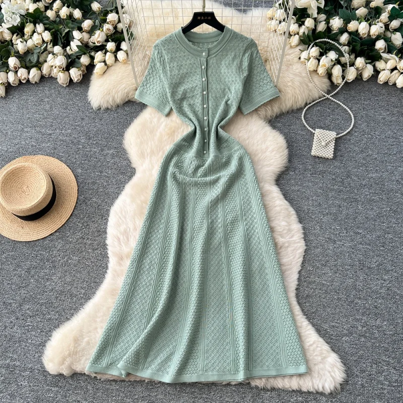 Elegante uitgeholde gebreide jurk zomerkleding dames 2026 korte mouw O-hals slanke lange jurken Franse stijl brei jurk