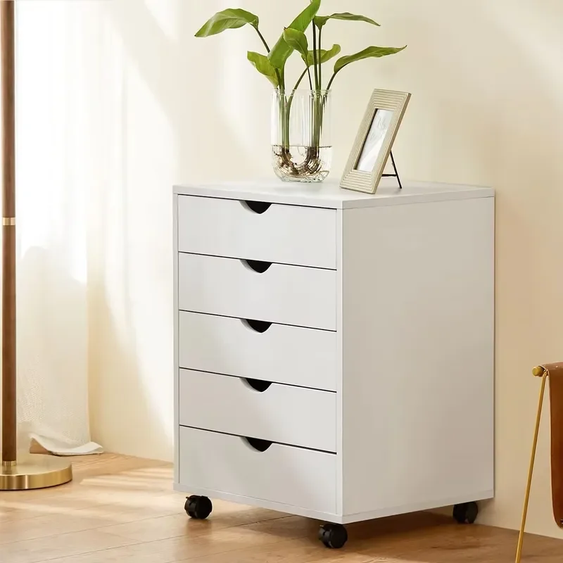 ZHANMU Wood Nightstand, 5 Drawer Waterproof Storage Cabinet, Easy Move Bedside Table for Bedroom Office Organizer