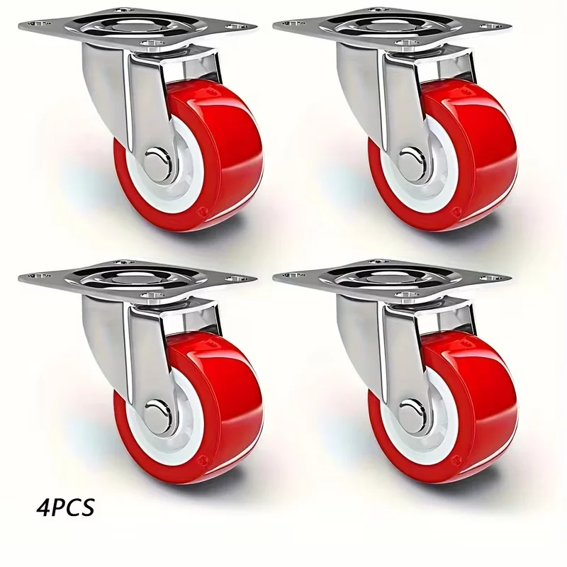 4‑Pack Heavy‑Duty Stainless Steel Swivel Caster Wheels with Red Polyurethane Tires‑ No Brake Ideal for Furniture &Industrial Use