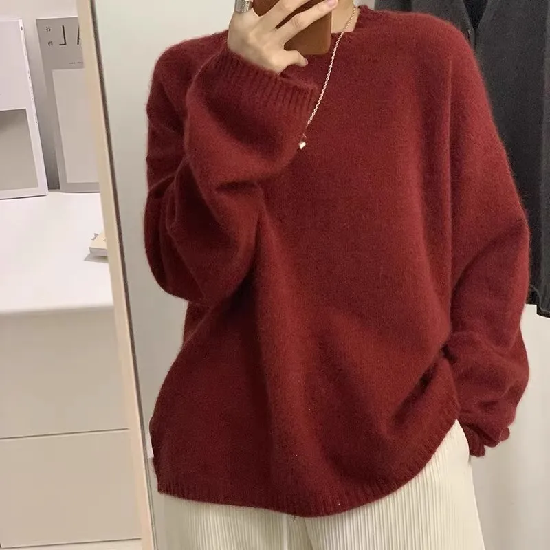 

Round-neck pullover loose 100%cashmere sweater women loose wool knitted sweater base layer top