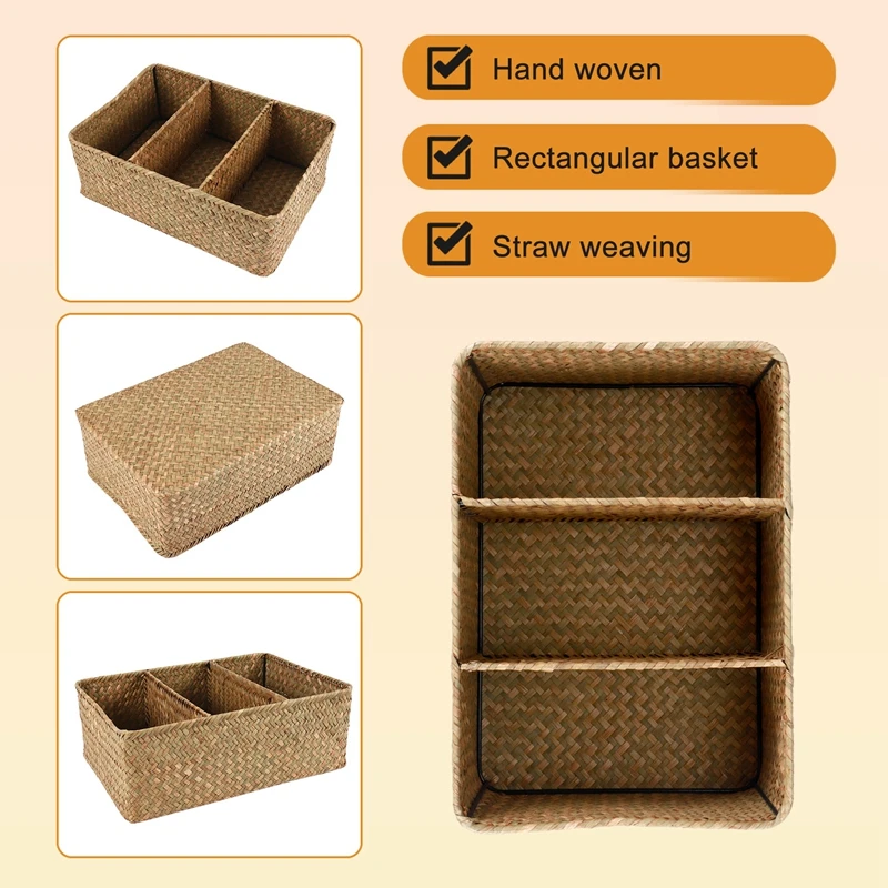 3-Section Wicker Baskets For Shelves, Hand-Woven Seagrass Storage Baskets Toilet Paper Basket Large