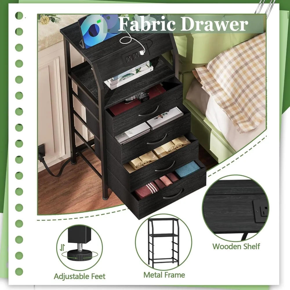 Bedside table with charging station, 4-drawer dresser with storage shelves, closet fabric end table, 3 ways to use