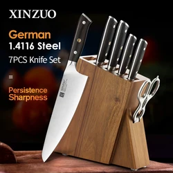 XINZUO 7PCS Cutlery Set with Knife Holder High Carbon Din 1.4116 Stainless Steel Chef Bread Santoku Utility Paring Knives