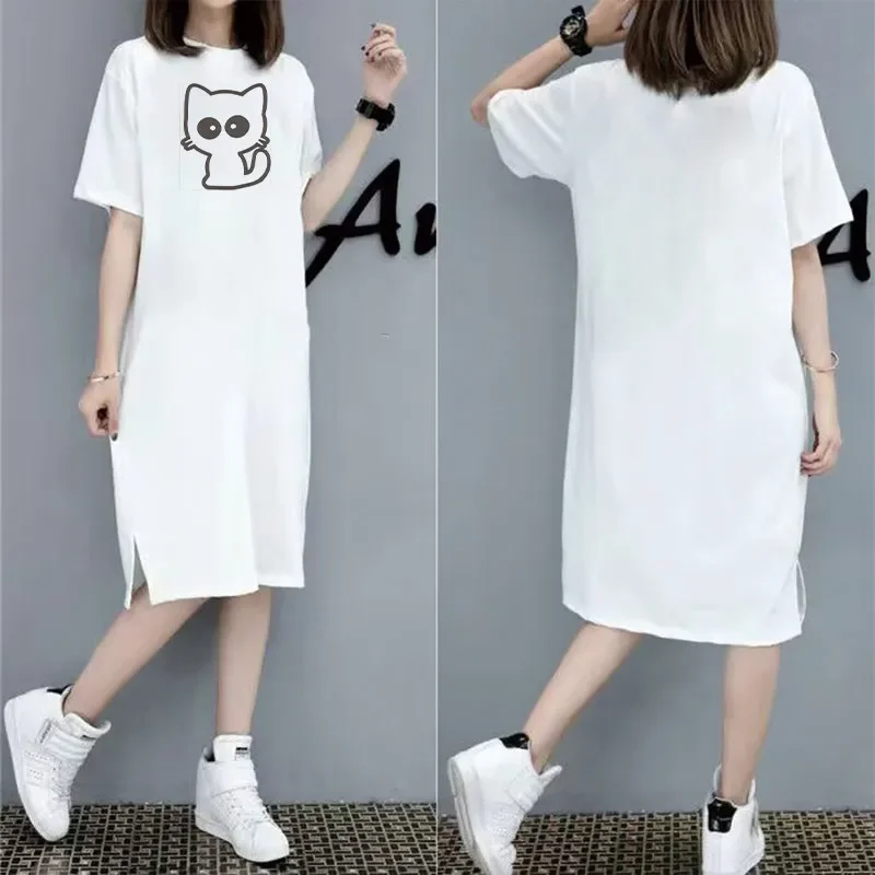Cartoon cat print short-sleeved women's new summer and autumn loose round neck home dress - Image 5