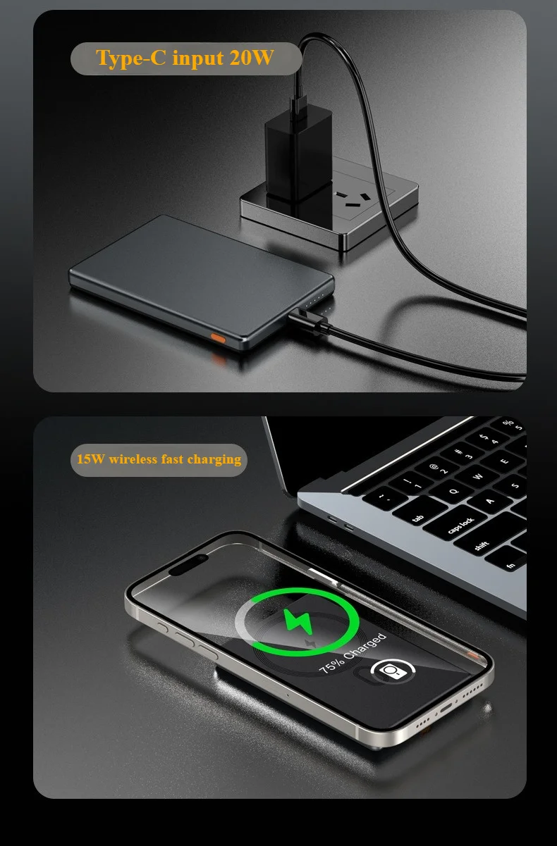 10000mAh Magnetic Wireless Ultra-thin Power Bank for Smartphones, Two-way Fast Charging Mobile Power Source for Mobile Phones.