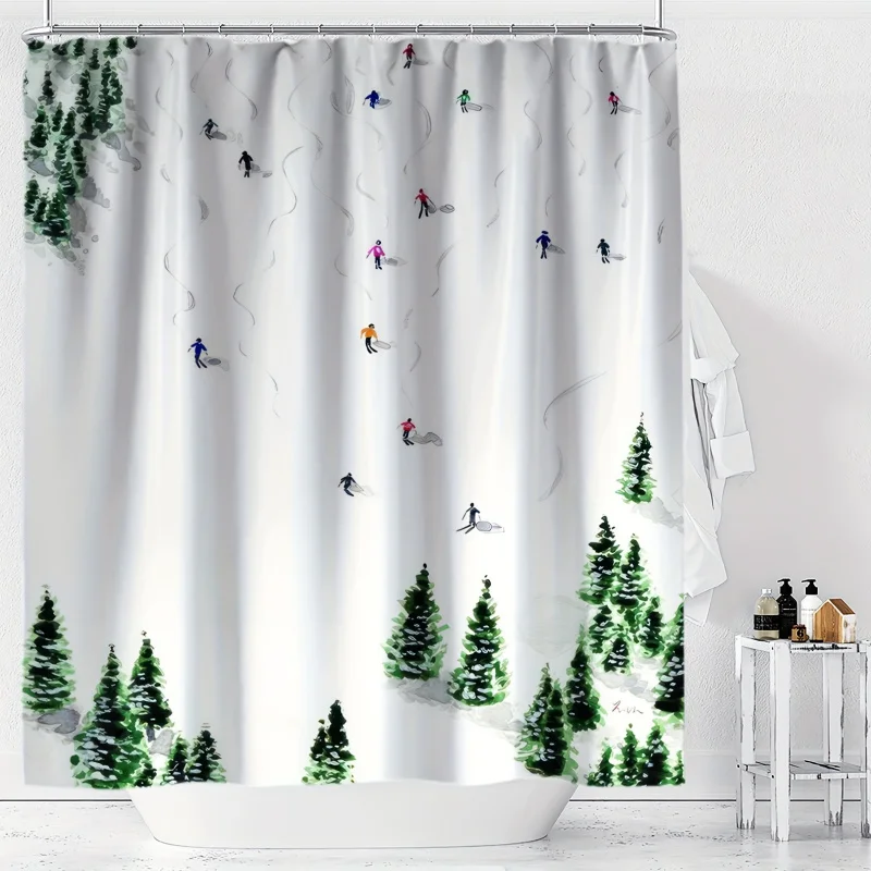 YWJHUI Ski Adventure Pattern Digital Print Shower Curtain, Water-Resistant Polyester Fabric with Knit Weave, Machine Washable, I