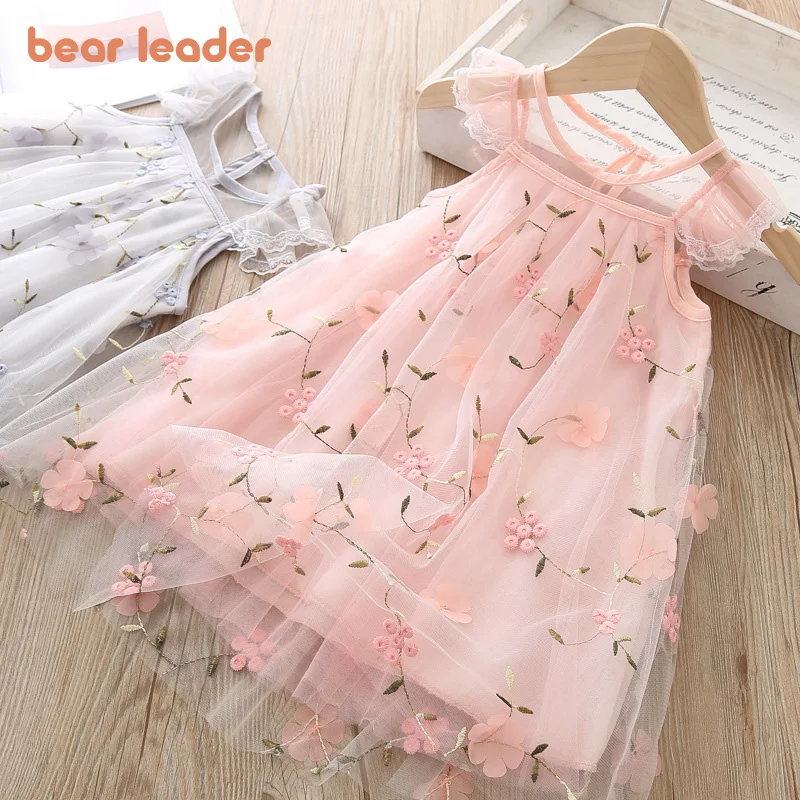 Bear Leader Girls Clothes 2023 Girl Dress New Fashion Princess Clohtings Sweet Flower Embroidery Mesh Dress For 2-6 Years