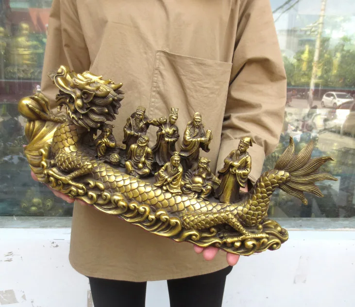 Good LUCK office SHOP TOP  Money Drawing GOOD LUCK Mascot # Asia Eight Immortals Dragon Boat FENG SHUI Brass statue