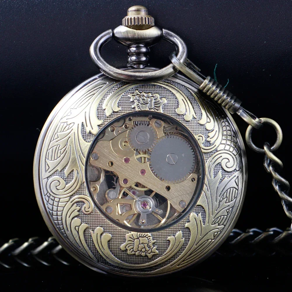 Hollow Roman Numerals Display Mechanical Pocket Watch Hand-Winding Luxury Vintage Pocket Chain Clock Gift Male