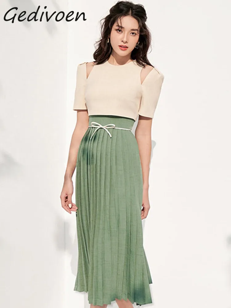 

Gedivoen Autumn Fashion Designer Vintage Hit Color Pleated Dress Women O Neck Off Shoulder Bow High Waist Slim A-LINE Long Dress