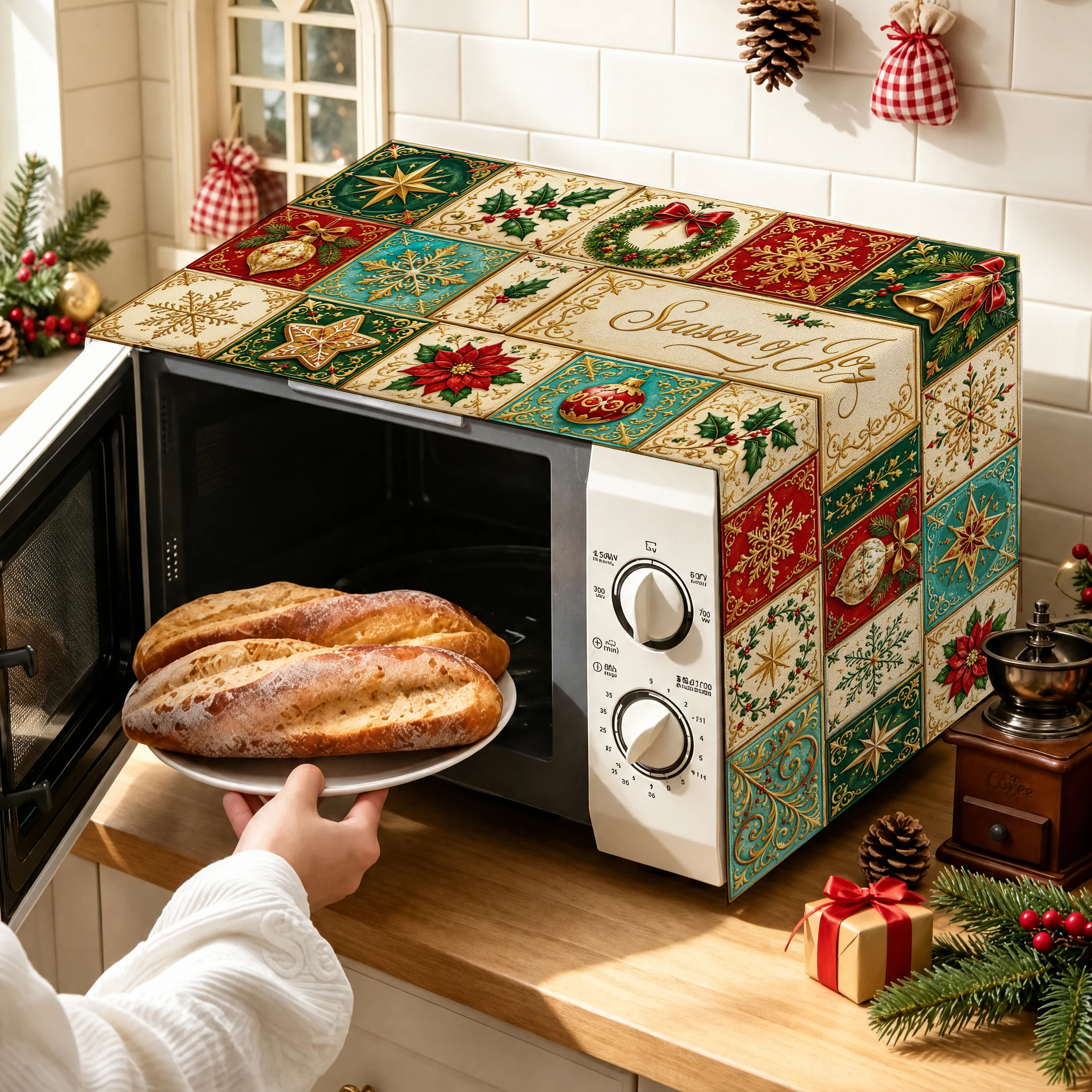 1pc Christmas Microwave Dust Cover, Vintage Holiday Kitchen Appliance Protector for Microwave Oven