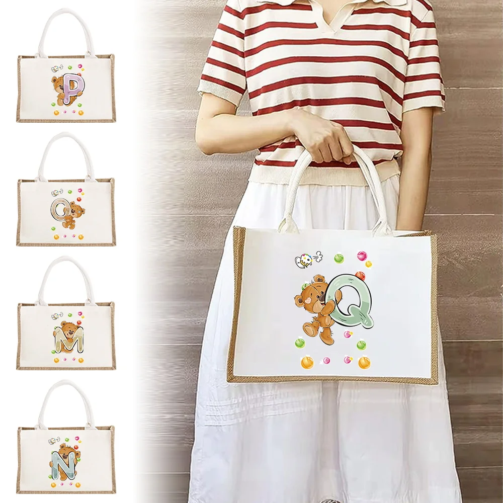 

Bear Letter Name Printing Burlap Handbag Personalized Travel Gift Storage Bag Canvas Hemp Handbag Shopping Bag