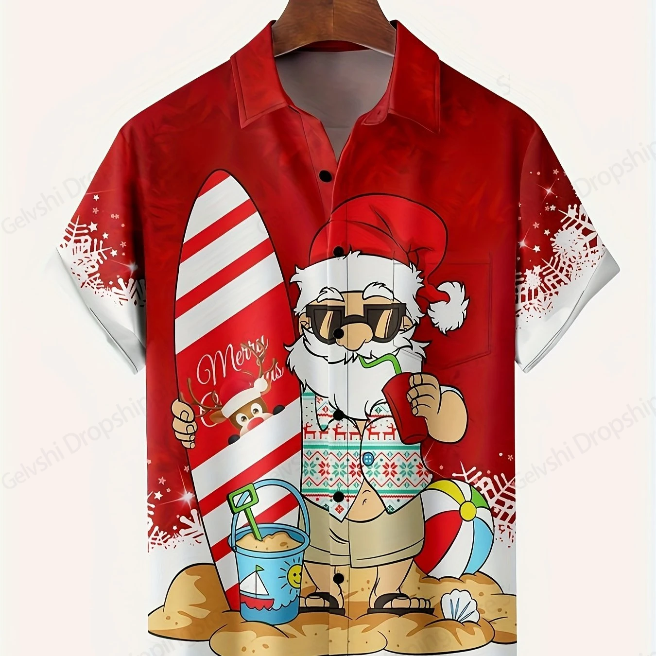 Men's Retro Christmas Hawaiian Shirt Men Women Fashion Cartoon Santa Claus Shirts Short Sleeve Blouse Festive Holiday Top Elk
