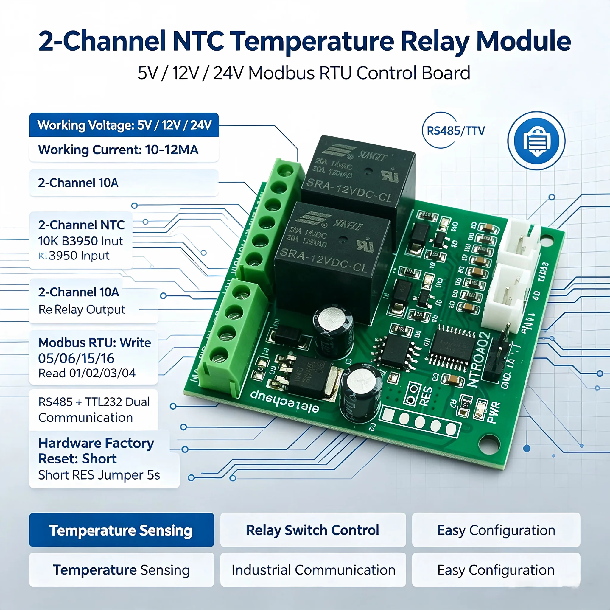 NTROA02 2CH NTC Temperature Relay Module – 2AI 2DO RS485 TTL232 Modbus RTU for PLC Smart Home