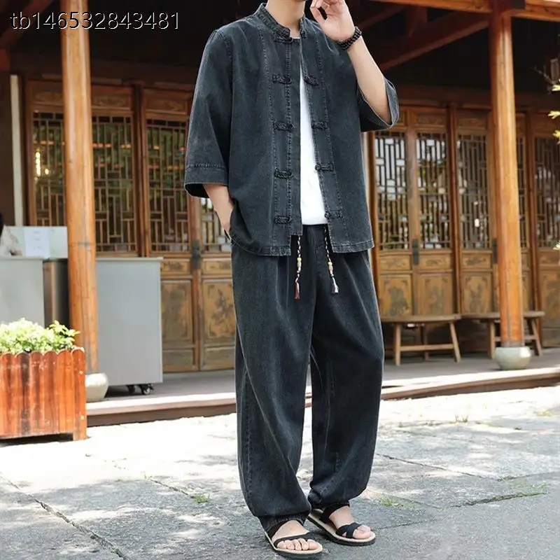 Summer Men's Stand Collar Tang Suit Washed Denim Set Wind Disk Button Thin Short Sleeve Denim Shirt Trendy Top Casual Pure Color