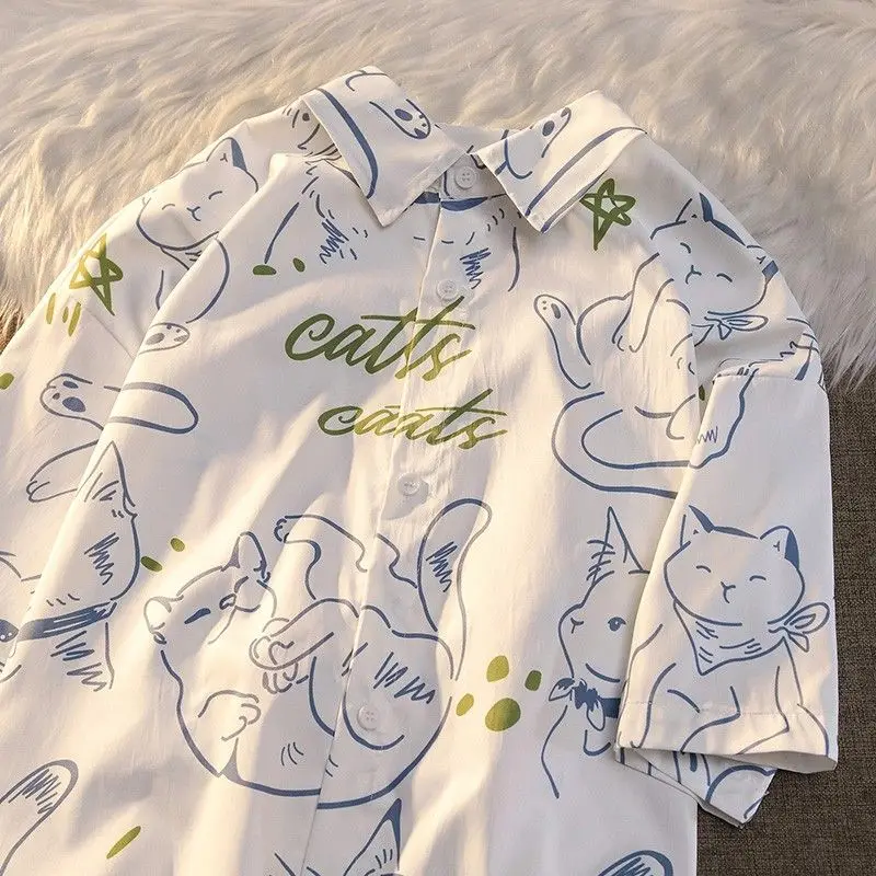 Camisa de manga corta para hombre y mujer, camisa de media manga con estampado de gato de dibujos animados de calle japonesa, retro, holgada, versátil, y2k, nueva