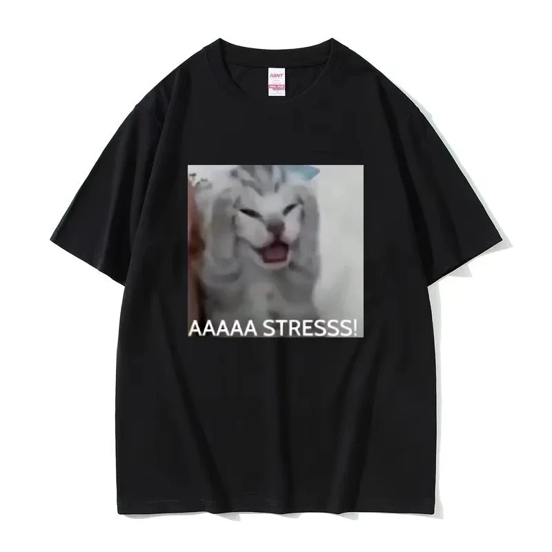 Cute & Funny Stressed Cat Meme T-Shirt, Summer Casual Loose Plus Size Tee for Men and Women, Men's 100% Cotton Short Sleeve
