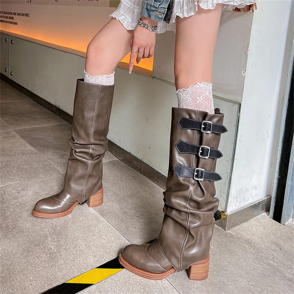 FEDONAS Women Knee High Boots Genuine Leather Buckles Long Motorcycle Boots Warm Punk Sexy Party Shoes High Motorcycle Boots