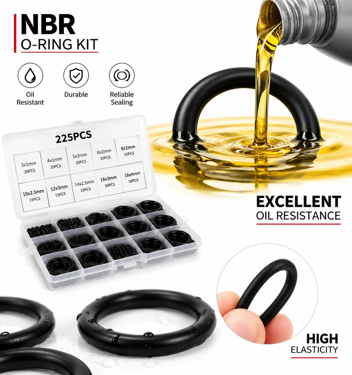 Universal NBR nitrile rubber O-ring kit 225 pieces CS 1-4mm OD 3-22mm heavy-duty mechanical seal accessory kit