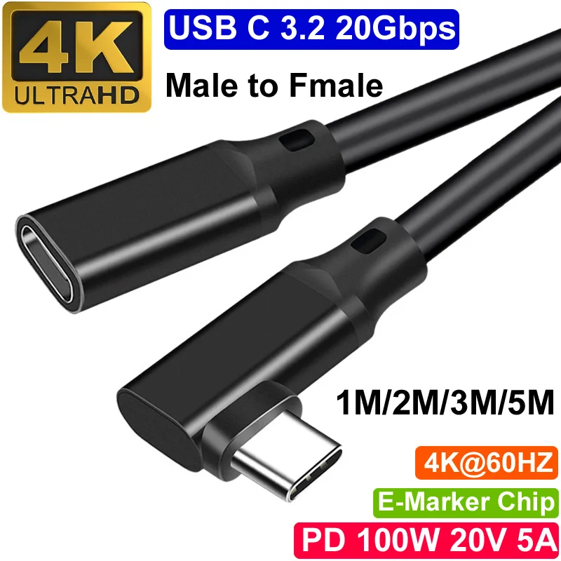 

5M USB TYPE-C 3.1 PD 100W 24V 5A Male Straight Elbow 20Gbps OTG Fast Charger Data Sync 4K@60HZ Full function Cord VR Cable HUB