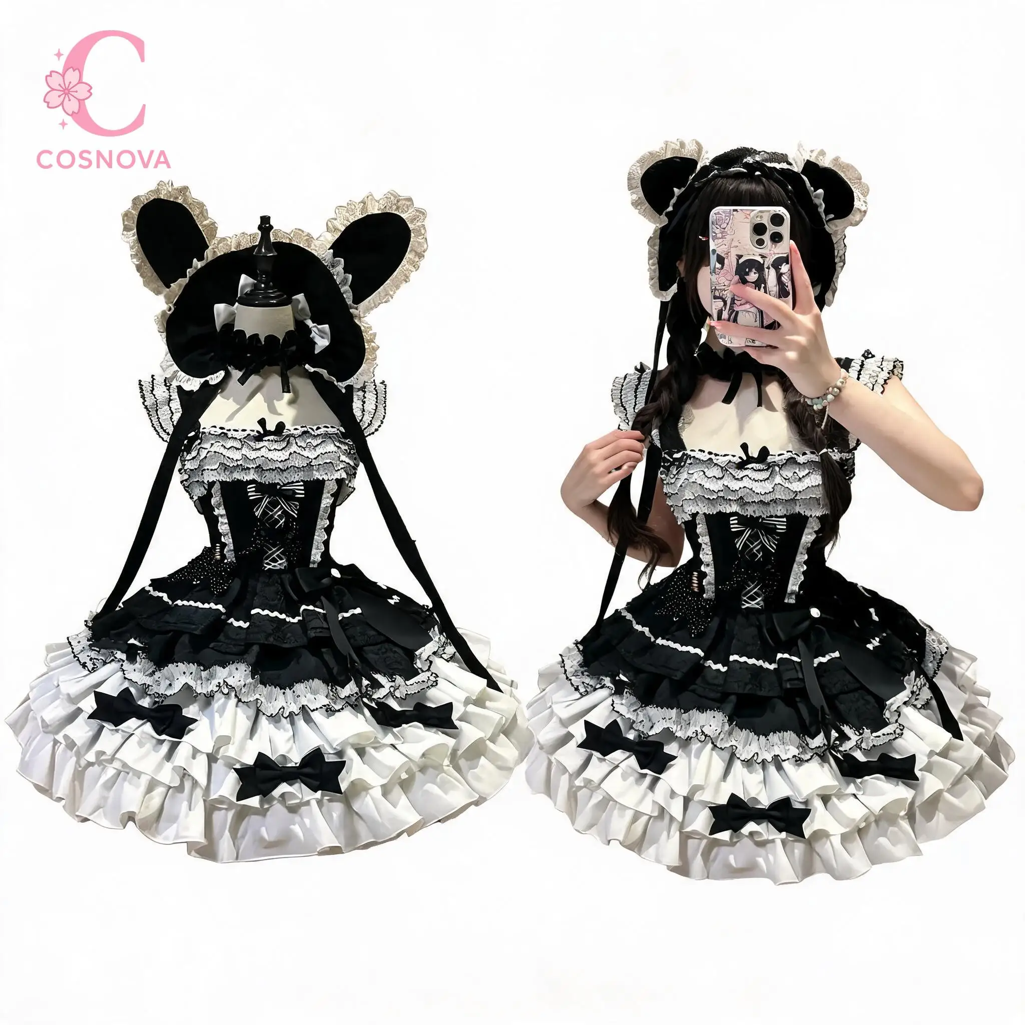 Sweet Lolita Black White Bunny Ear Lace Ruffle Tiered Bow Corset Slim Fit Dress Women Girls Cute Kawaii Cosplay Party Daily Wear