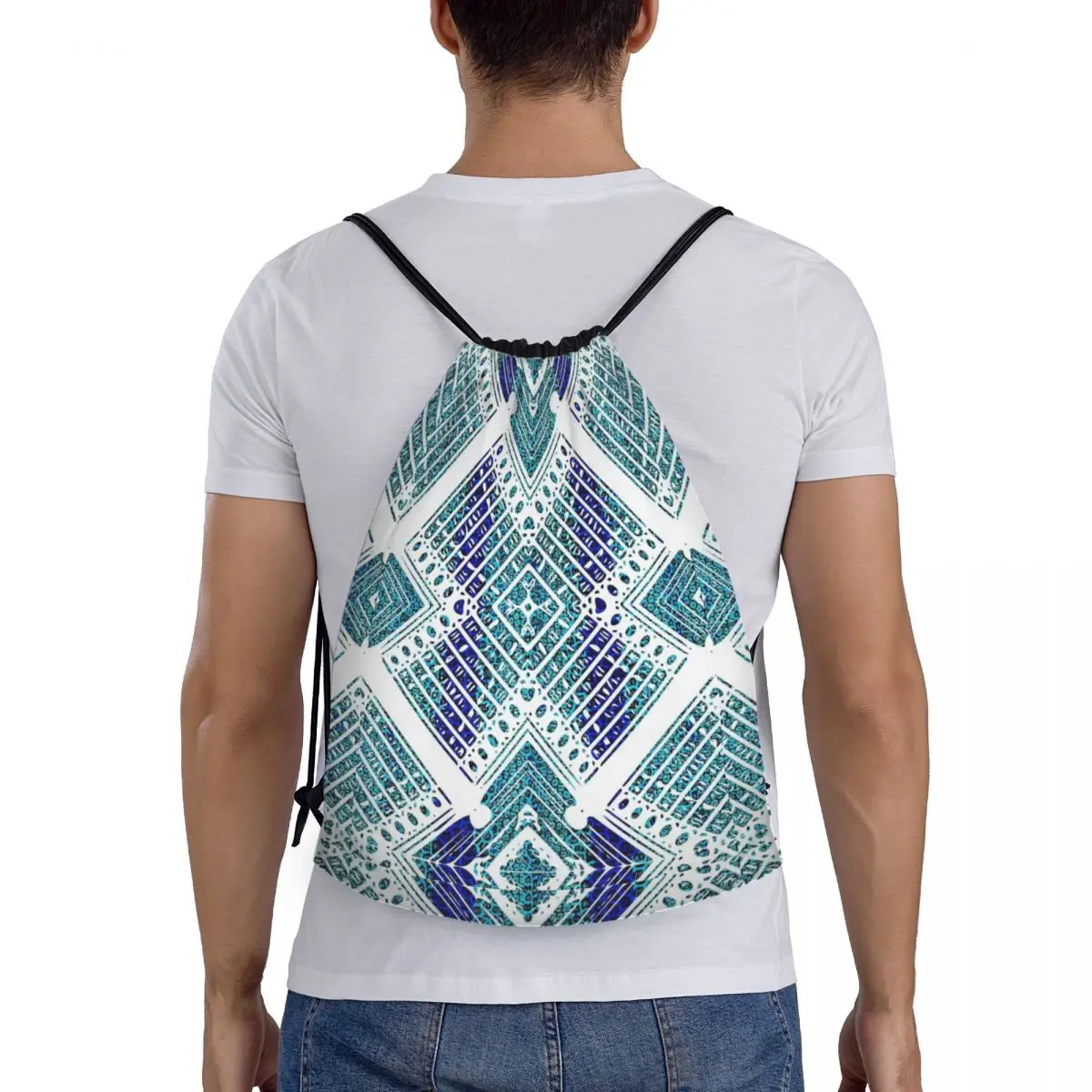 Geometric Ankara Drawstring Bags Soccer Backpack Gym Sackpack Water Resistant Teal and Blue Ankara African String Bag