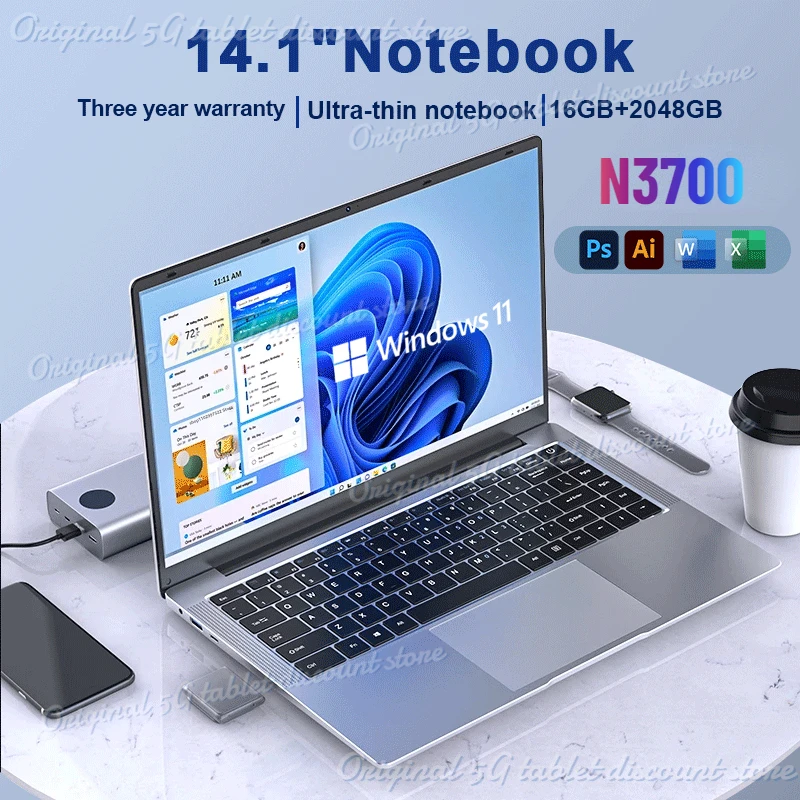 2024 New Laptop Computer Windows 11 Pro Ultra Slim Notebook 14.1 Inch Intel Pentium N3700 16GB 1024GB Office Study PC Computer