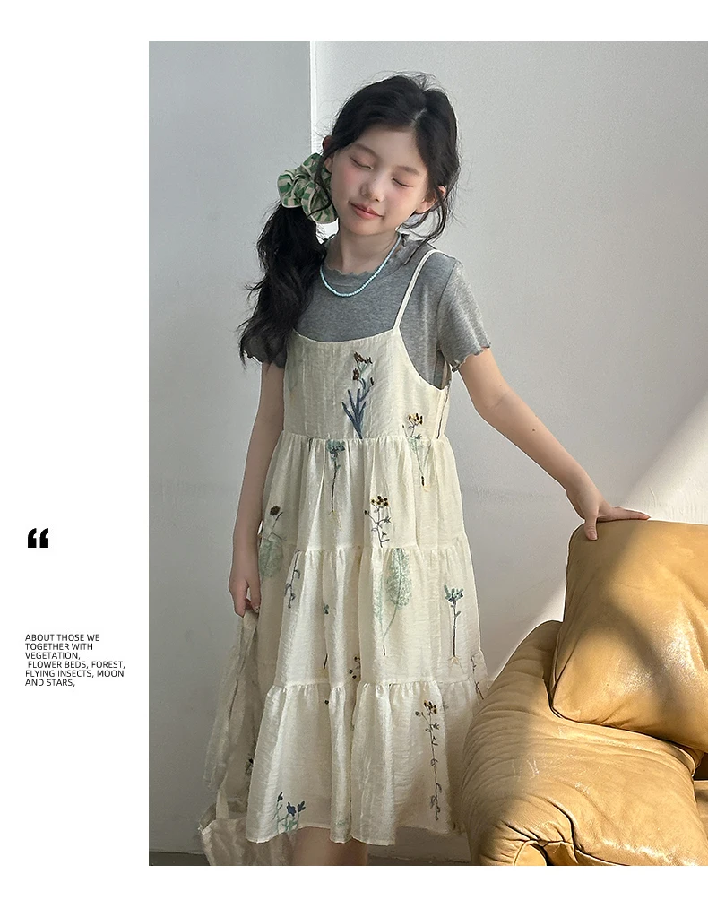 Mädchen-Set, Sommer-Set mit süßem, niedlichem Blumendruck, gestuftes Kleid mit Spaghettiträgern und kurzärmliges T-Shirt, zweiteiliges Set, Kinderkleidung – Detail 7