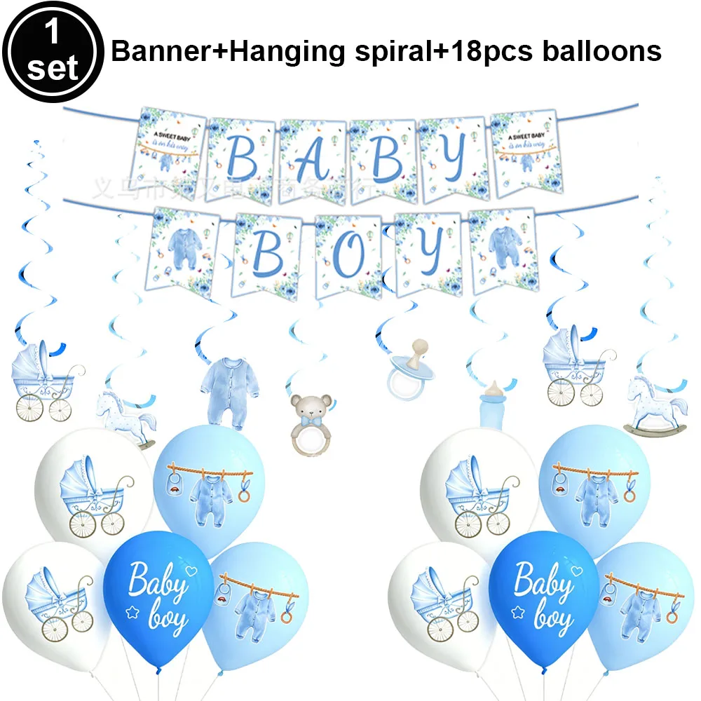 Babyparty-Dekorationen für Jungen, blau, für Jungen, Banner, Luftballons, zum Aufhängen, Wirbel, Dekore, Kuchendeckel, Babyparty-Partyzubehör – Detail 3