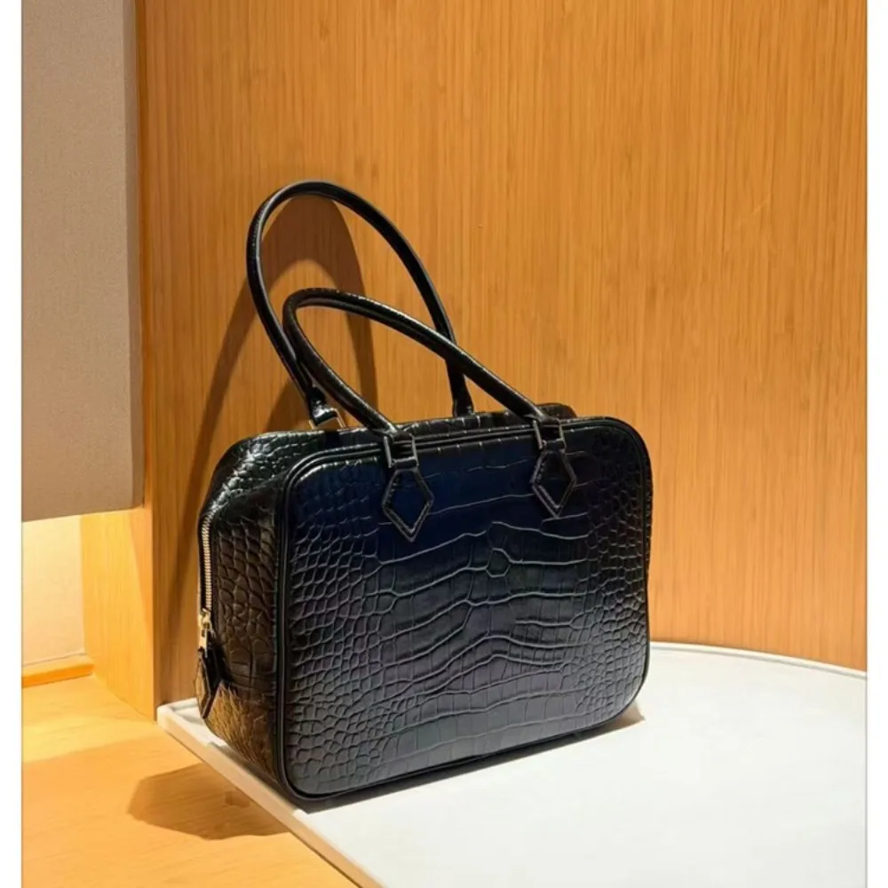 2026 New Feather Crocodile Pattern Medieval First Layer Cowhide Retro Portable Pillow Bag Briefcase Women's Bag and Fashionable