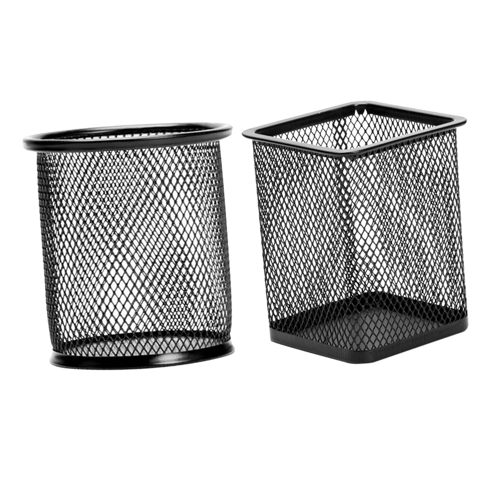

2 pcs Cylinder Cuboid Iron Pen Holder Mesh Container Black Home Office Storage Organizer Hollow Barrel For School Hotel Decor
