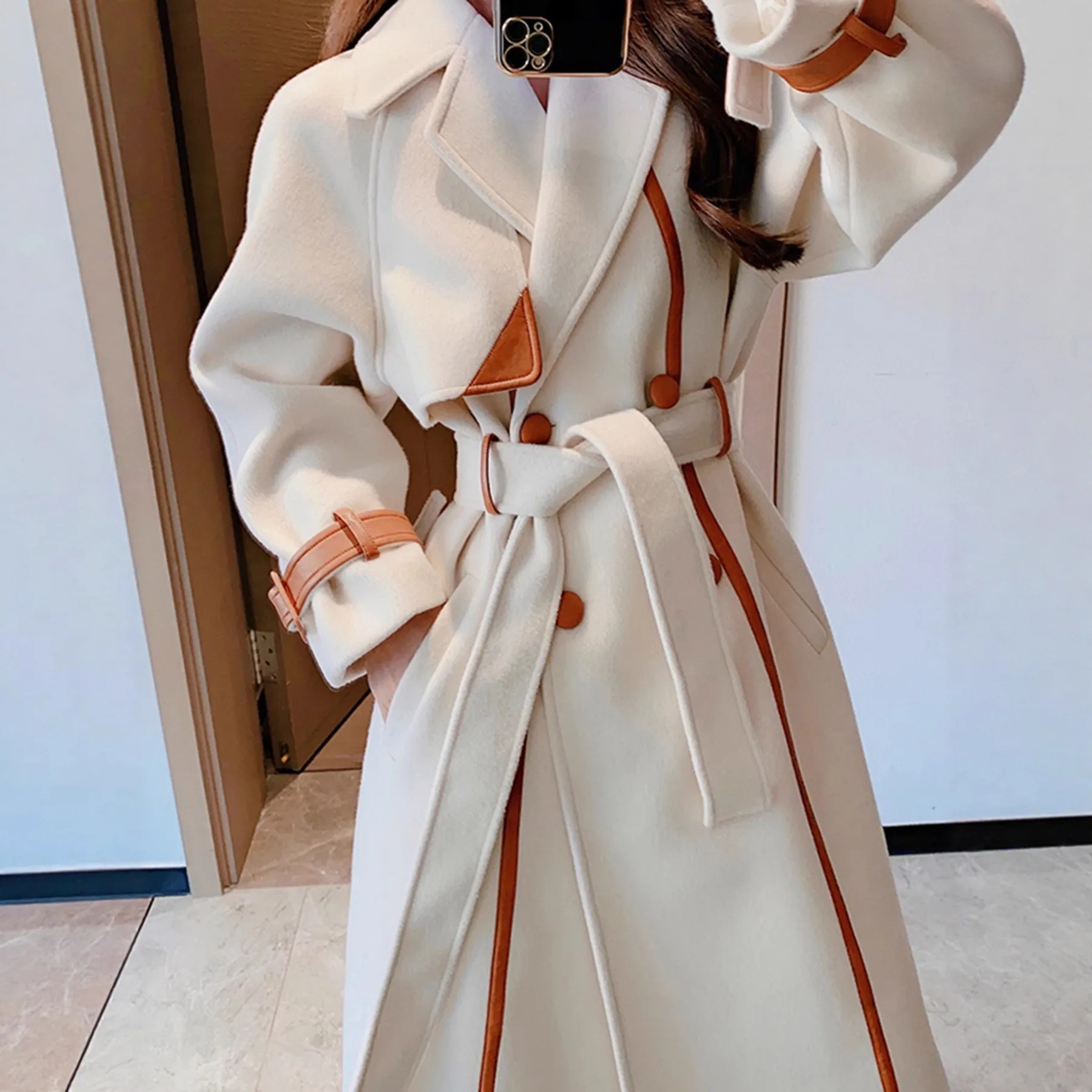 Notched Lapel Turn Down Collar Coat with Extra Long Length Loose Fit Elegant Women Coat Graceful Commuter Thick Regular Sleeve