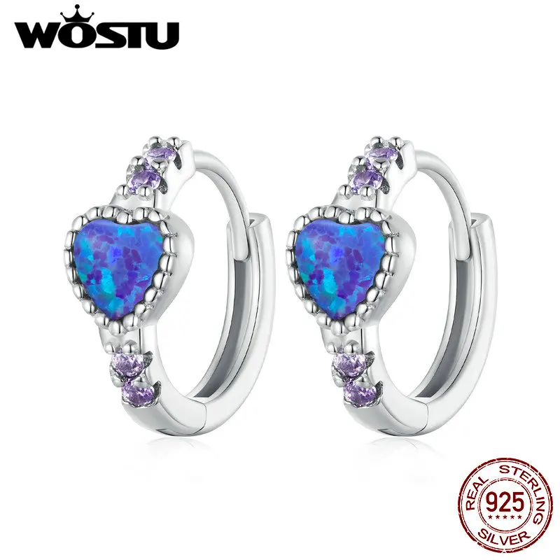 WOSTU Love Heart Hoop Earrings For Women Real 925 Sterling Silver Blue Opal Purple Zircon Ear Clips Wedding Jewelry Party Gift