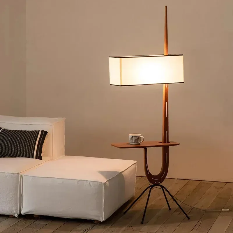Giraffe Floor Lamp Retro Solid Wood Floor Lamp With Table LED Fabric Tall Lamp Living Room Wabi Sabi Reading Standing Lamp