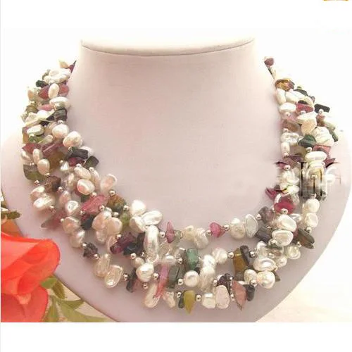 Favorite Pearl Jewelry,White Reborn Keshi Pearl Multicolor Tourmaline Necklace,Birthday Party Wedding Charming Women Gift