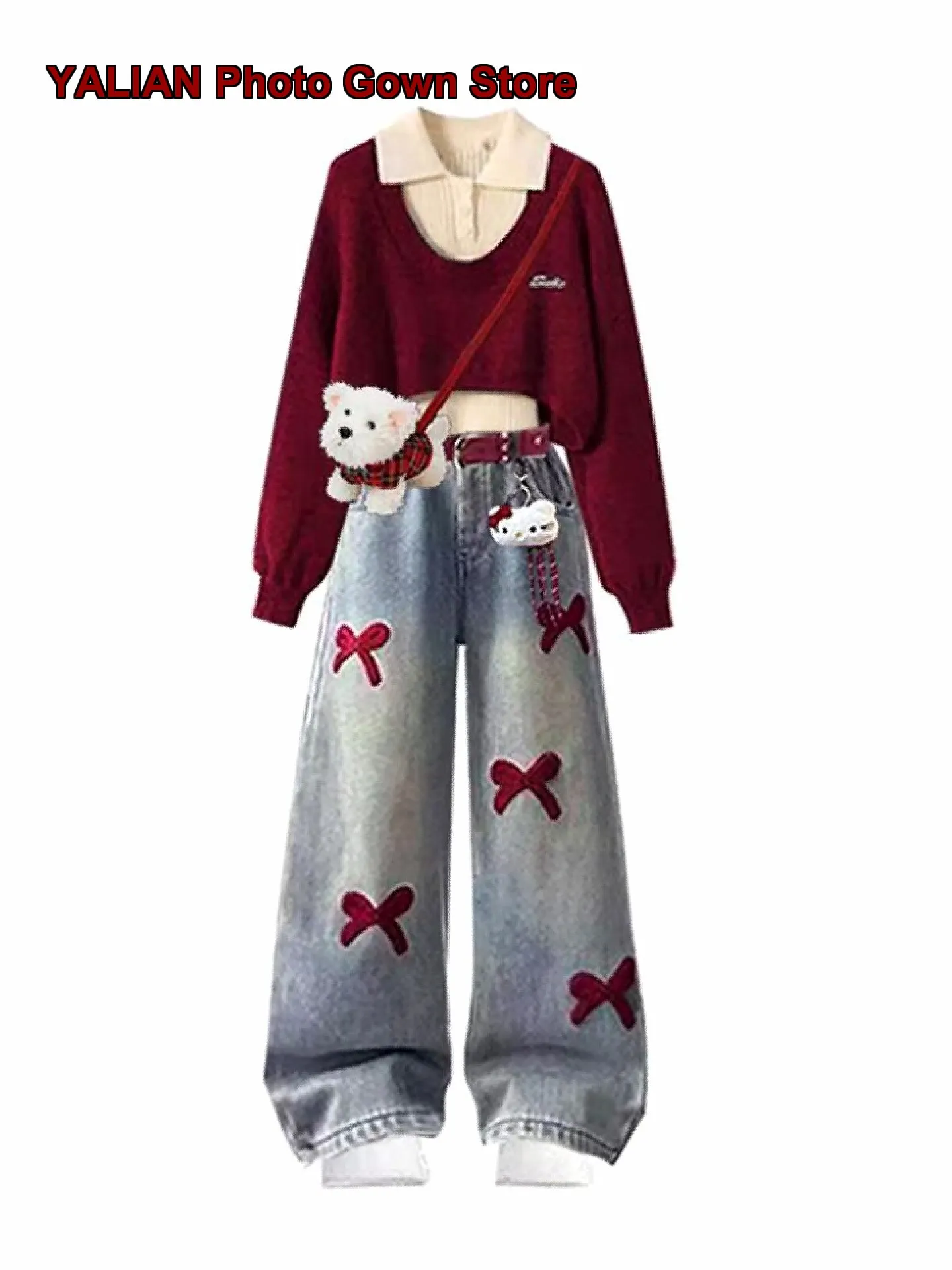 Girls Spring Autumn Two-Piece Set New Year Red Cartoon Print Jeans Festive Outfit for Kids