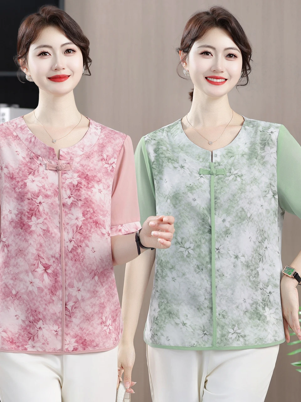 

New Chinese Style Printed Short Sleeve T-Shirt for Women over 40 Fashionable Summer Top Polyester Fiber Regular Sleeve
