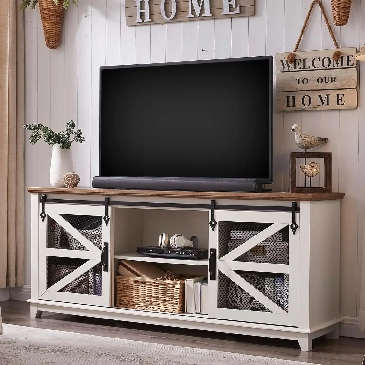 

Farmhouse TV Stand for 75 Inch TV, Industrial & Farmhouse Media Entertainment Center w/Sliding Barn Door