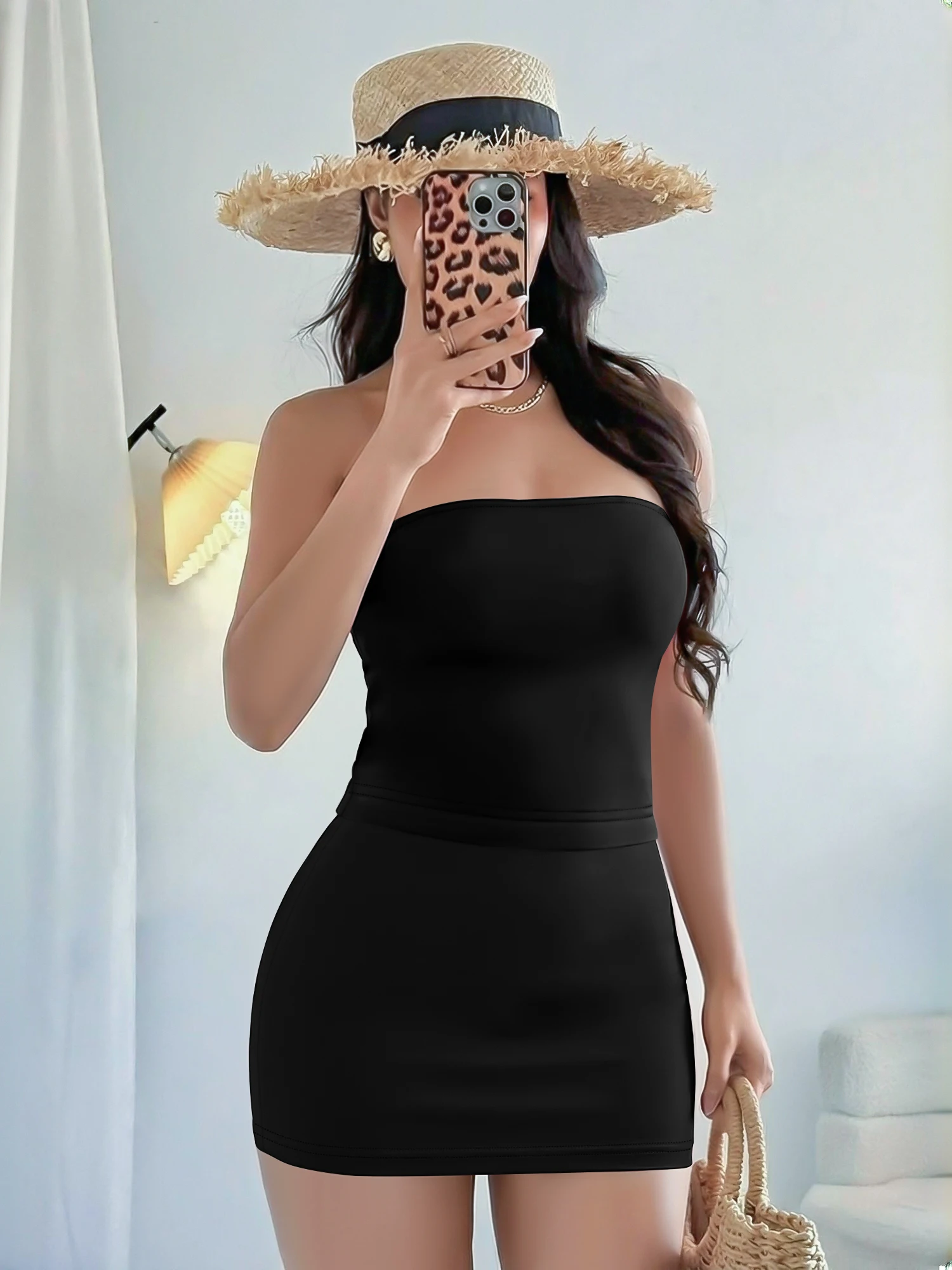 

Корейский стильный комплект: укороченный топ без бретелек и облегающая юбка для женщин, приталенный крой, повседневный наряд из двух предметов